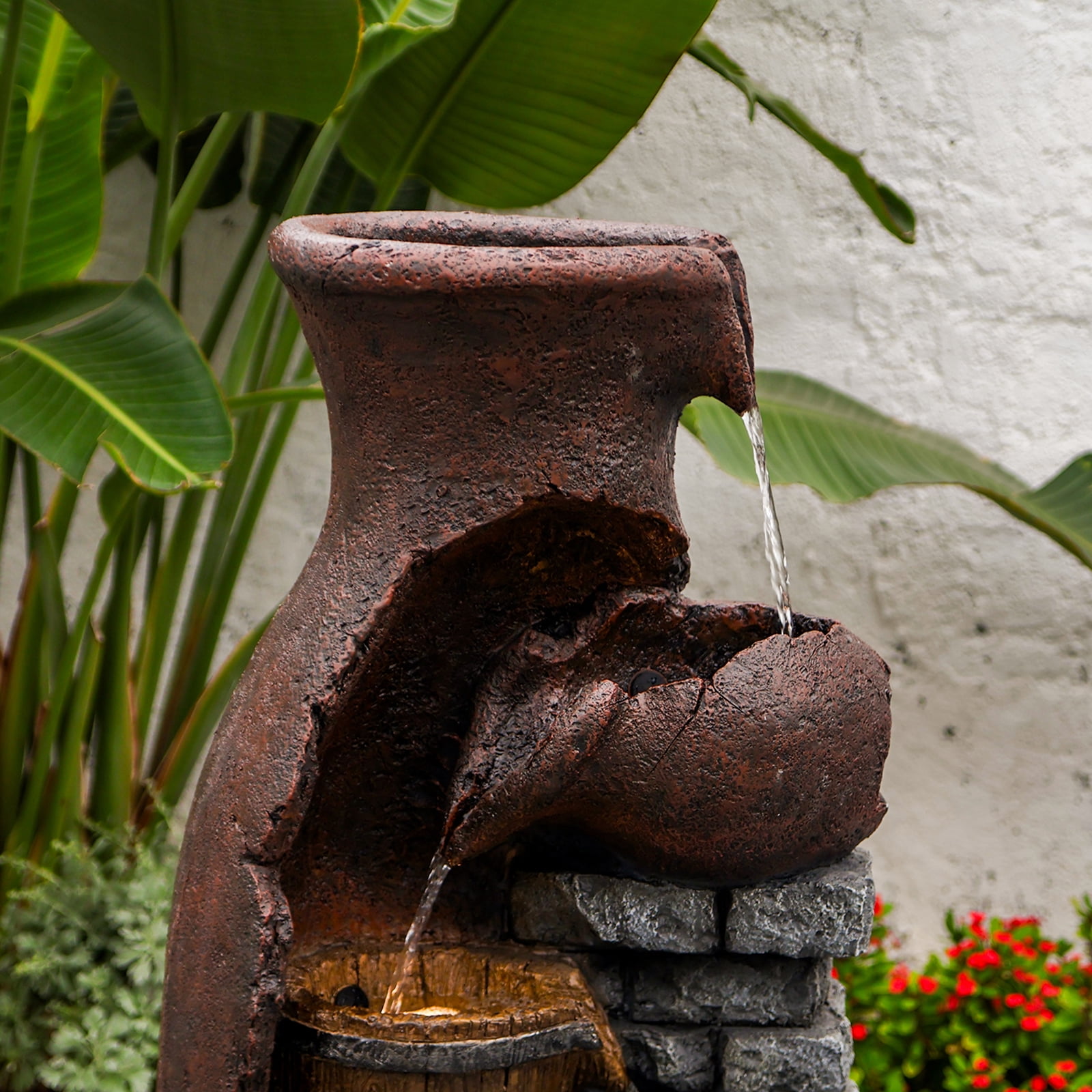 Retro Barrel Water Fountains Indoor 6-Tiered Cascading Waterfall Water Feature 43.31''H Garden Fountain Decor Outdoor with LED Lights and Pump for Lawn Porch Deck Patio