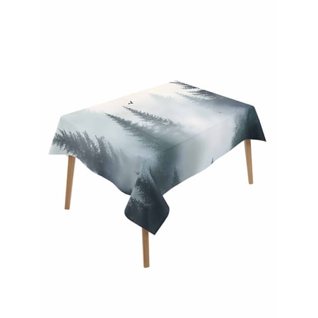 Green Mountain Table Cloth 60x102 Inch Rectangle Retro Forest Nature Tree Sky Sun Birds Waterproof Tablecloth Washable Table Cover for Party Picnic Dinner Decor