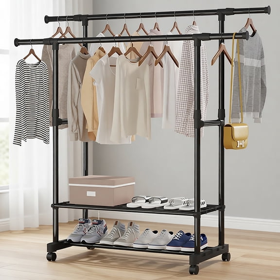 DACENTA Double Rods Garment Rack with Wheels, Clothing Rack for Hanging Clothes,Multi-functional Bedroom Clothes Rack with Bottom Shelf
