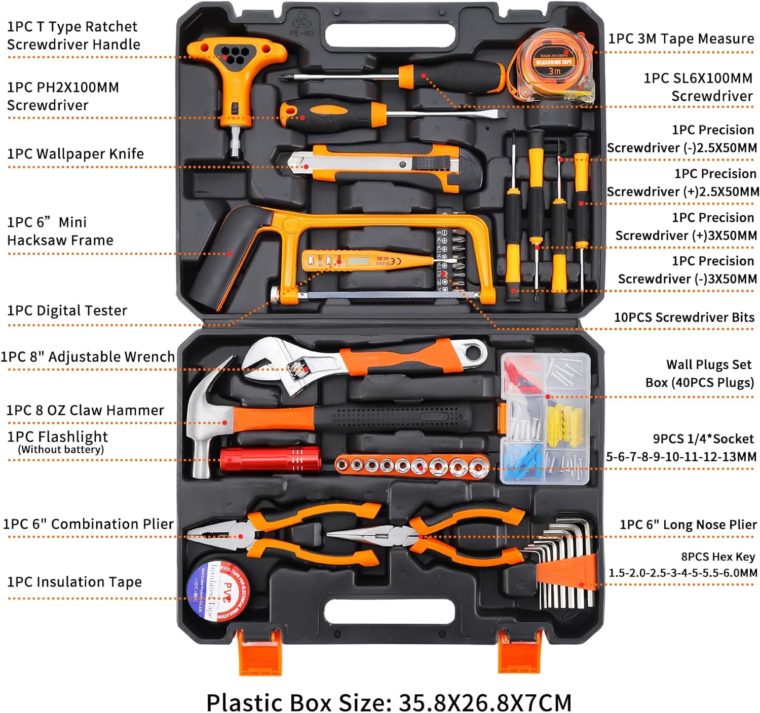 Hoey 105 Piece Tool Kit, Household Tools with Case, Hammer