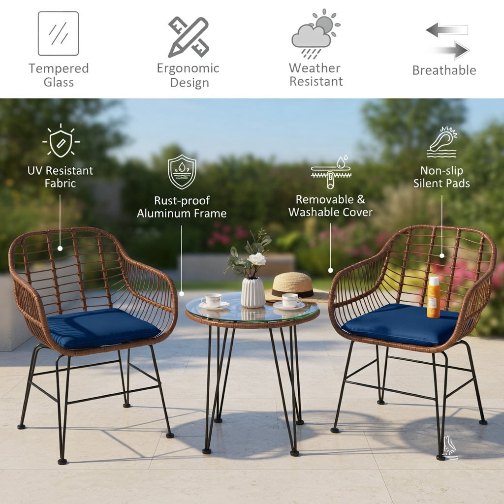 Hommoo 3-Piece Outdoor Rattan Bistro Set with Removable Cushions, Steel Frame, Tempered Glass Table, for Patio, Balcony, Poolside, Navy