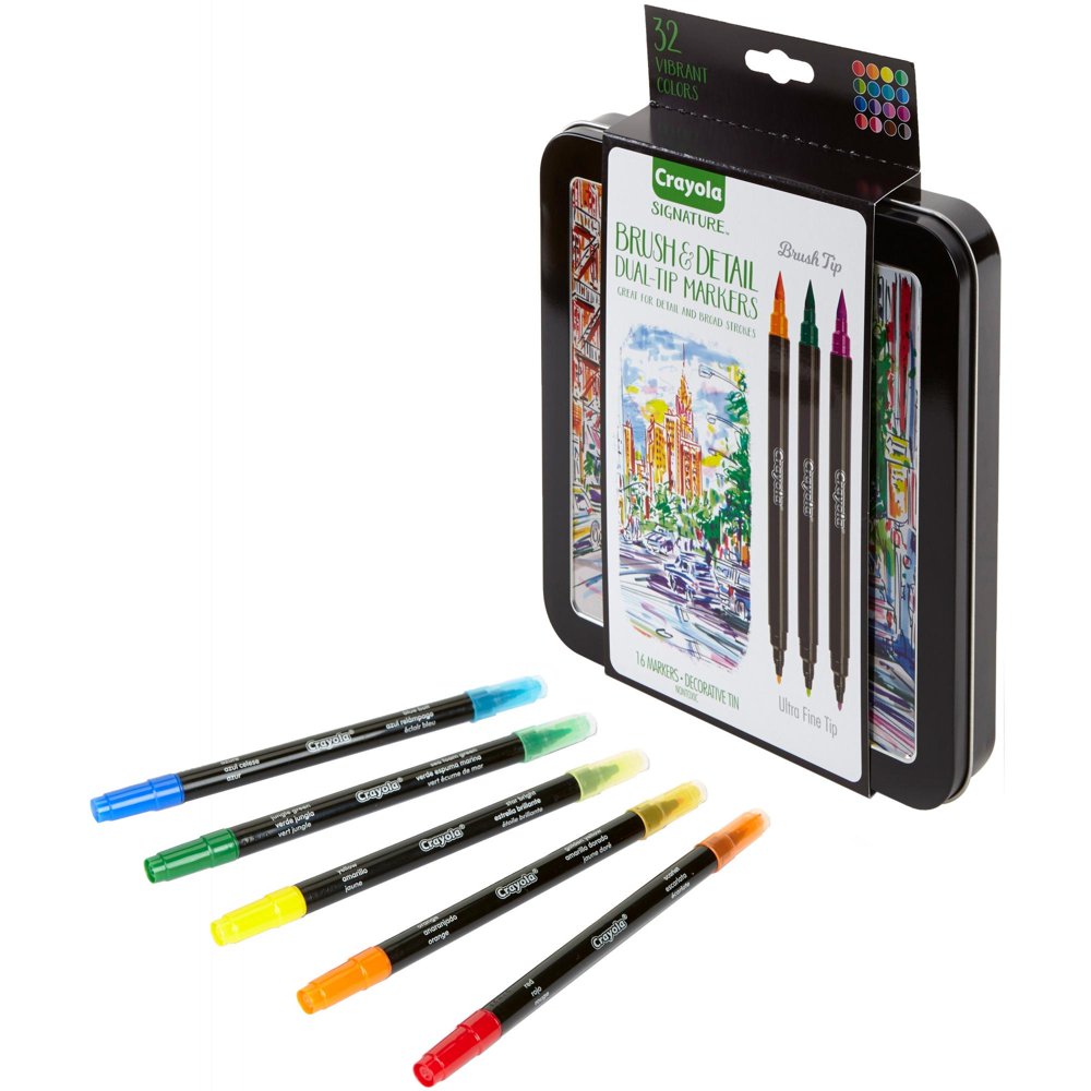 Crayola Signature Brush & Detail DualTip Markers Decorative Tin, Child