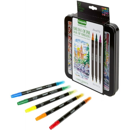 Crayola Signature Brush & Detail Dual-Tip Markers With Decorative Tin, 16