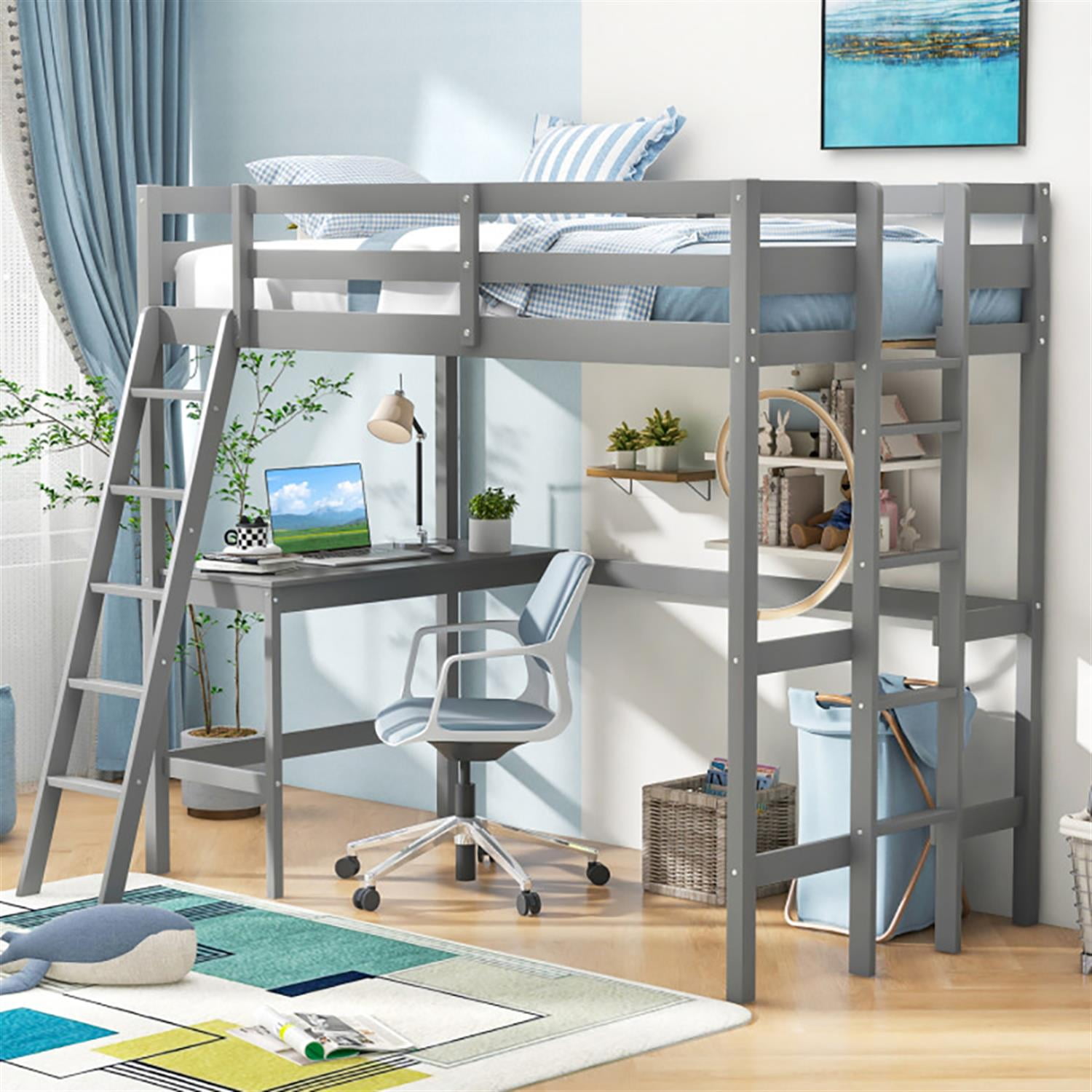 Demi Bonn Loft Bed Twin Size, Solid Wood Loft Bed with Desk Angled and Built-in Ladder, Modern Wooden Playhouse Bed Frame, Gray