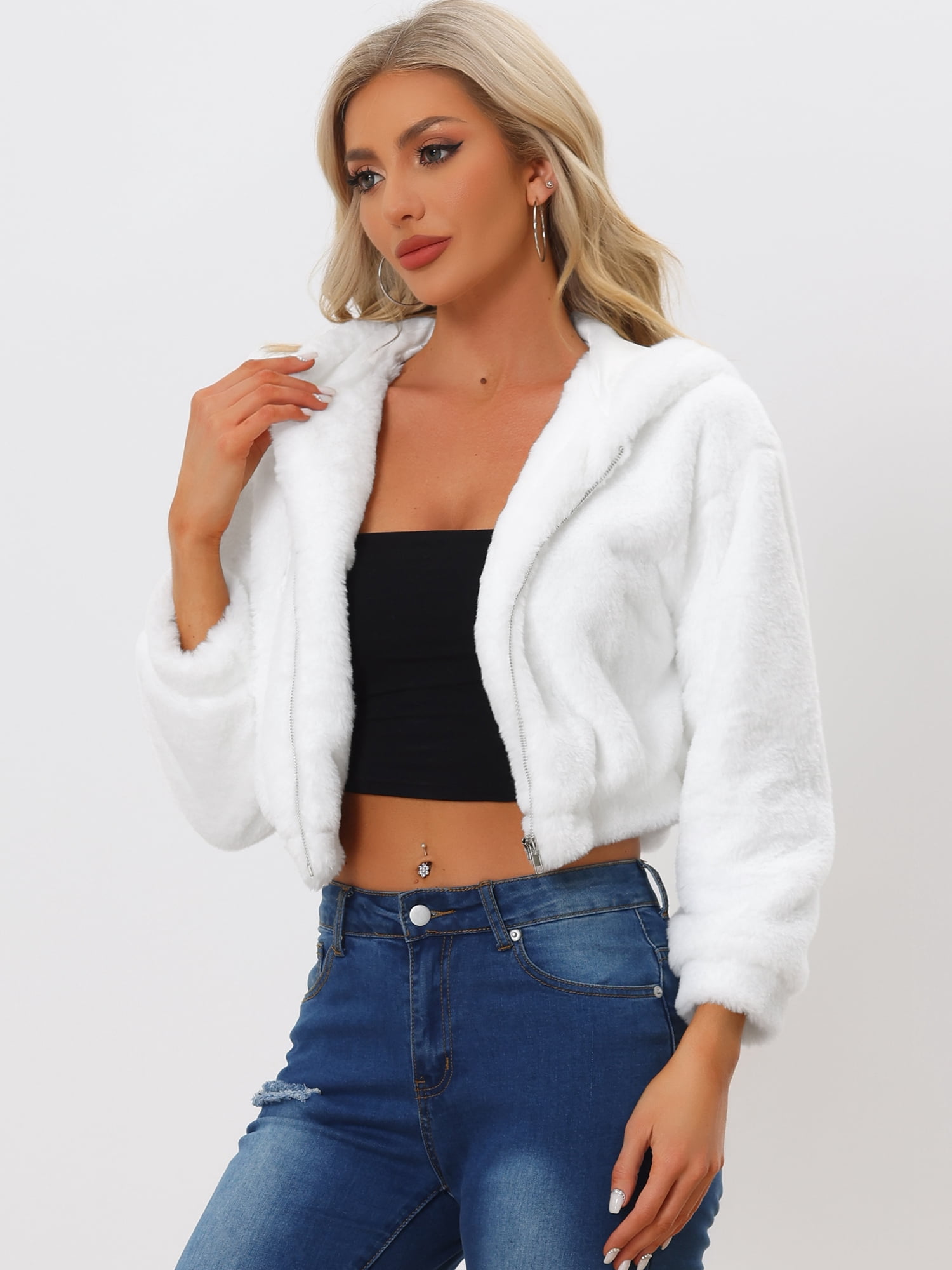 DARING DIVA Women's Faux Fur Zip Up Casual Fuzzy Hooded Crop Jacket XL White