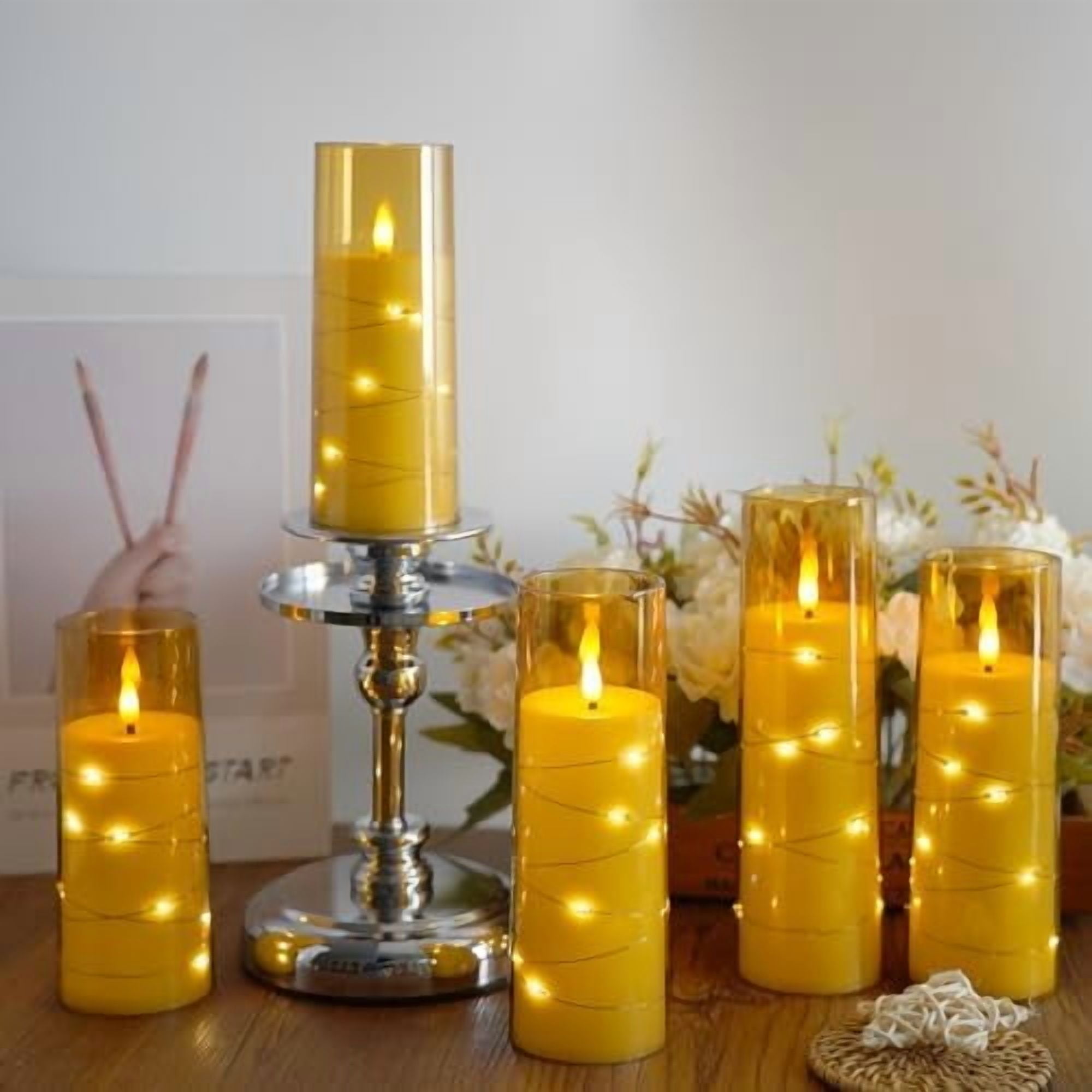 Flameless Candles,with Embedded Star String, Battery Operated Candles Flickering LED Pillar Candles with Remote Control and Timer, Home Decoration Add a Warm and Romantic Atmosphere，Set of 7 (Gold)