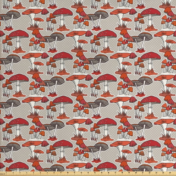 Mushroom Upholstery Fabric by the Yard, Mushrooms Pattern Healthy Edible Autumn Jungle Trees Natural Organic Vegetable, Decorative Fabric for DIY and Home Accents, Orange Red Tan by Ambesonne