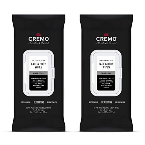 Cremo Activated Charcoal Detoxifying Face & Body Wipes, A Fresh Scent with Notes of Fig, Citrus