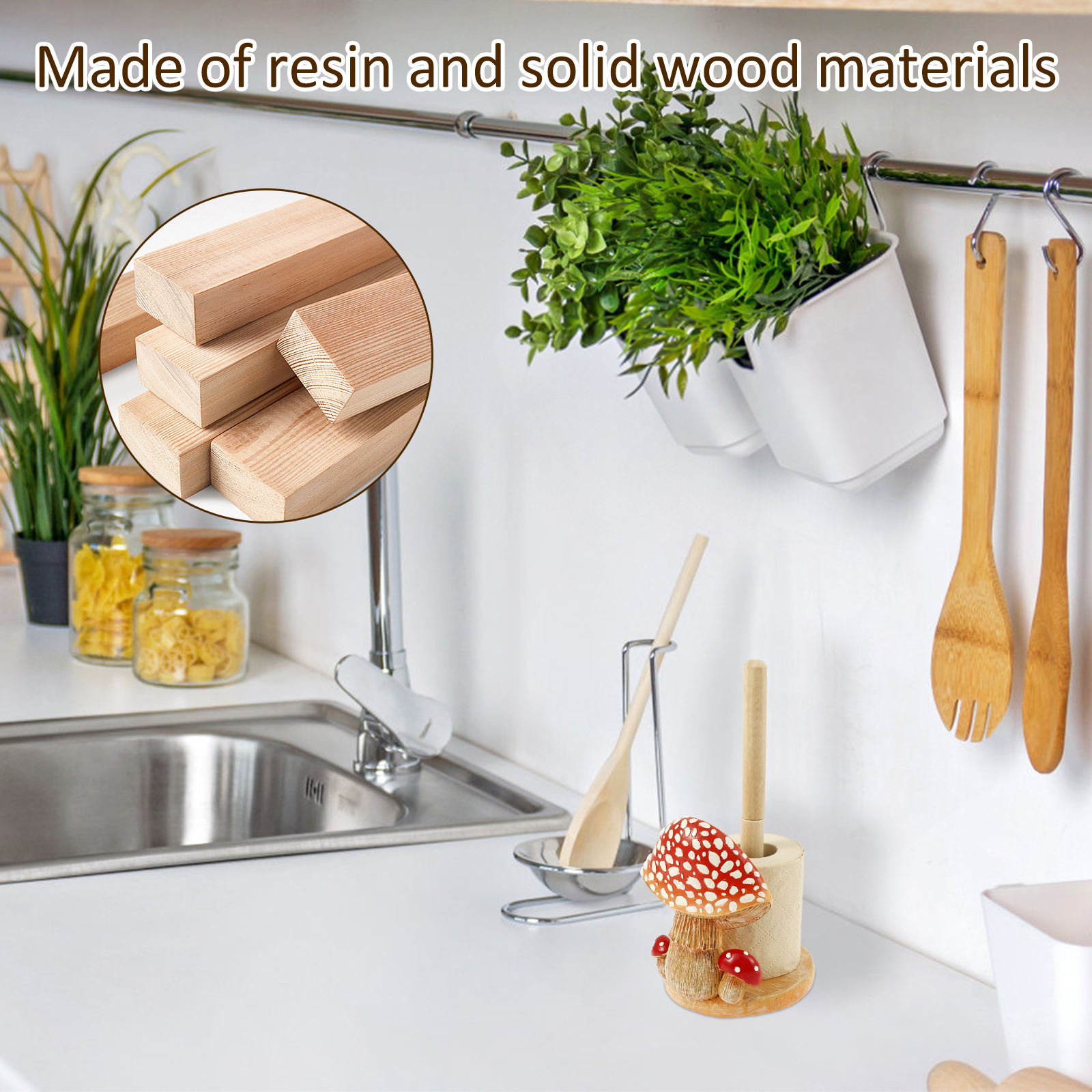 Threns Mushroom Pattern Paper Towel Holder Resin Tissue Paper Roll Display Stand Decor Unique Towel Roll Storage with Wooden Base for Home Kitchen Dining Room Countertop