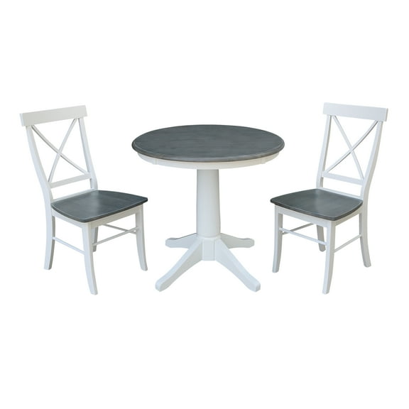30" Round Wood Table With 2 X-Back Chairs in White/Heather Gray - 3 Piece Set