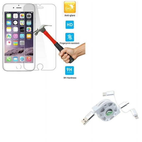 iPhone 8/7/6S/6 - Anti-Glare Screen Protector w Retractable USB Cable - Tempered Glass Matte 2.5D Curved Edge Anti-Fingerprint, Charger Power Cord 3-in-1 Wire for iPhone 8/7/6S/6
