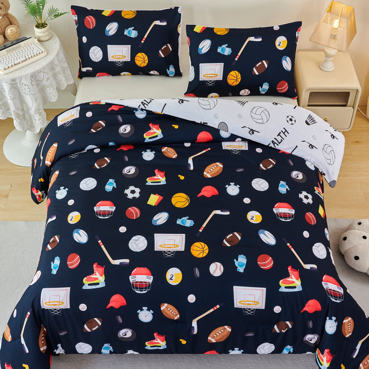 URBONUR Sports Kids Comforter Sets Twin Basketball Baseball Bedding Set for Boys 3Pcs Football Bed Sets Soft Microfiber Bedding Comforter Sets