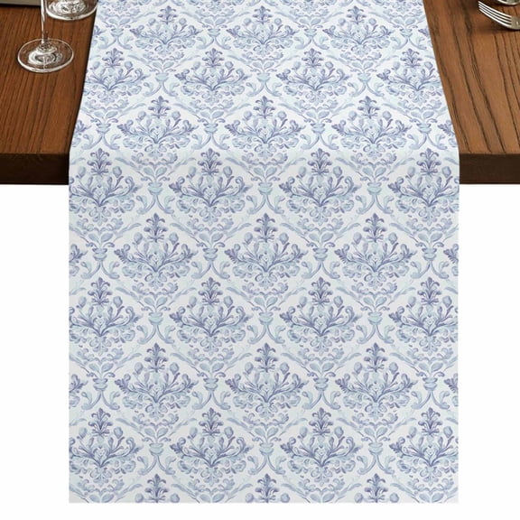 Blue Boho 108 Inch Table Runner, Middle Century Traditional Floral Pattern Farmhouse Dresser Scarf Cotton & Linen Tablerunner for Dining/Kitchen Island/Holiday Party Décor 13" x 108"