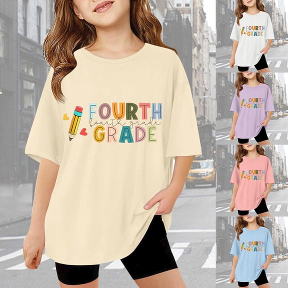 RTKFRFLM Girls Back to School 4th Grade Letter Print Tee Fashion Short Sleeve Drop Shoulder T-Shirt Top for Ages 3-14 Classroom Everyday Wear Soft Cotton Graphic Shirt Trendy Youth Tops