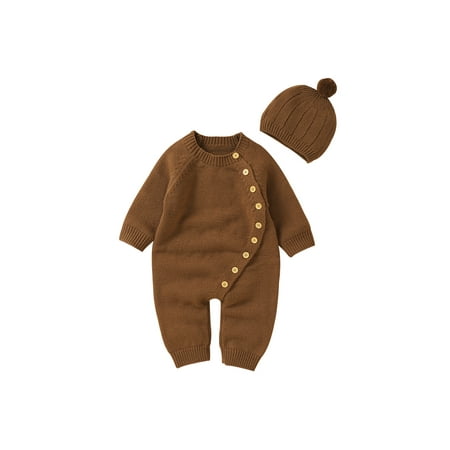 

sdghg Baby Knit Jumpsuit Set Long Sleeve Crew Neck Button Closure Solid Romper with Hat