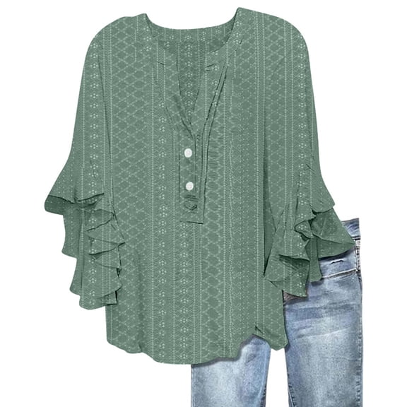 VNKIDY Women Shirts Ladies Solid Color Hollow Out Blouse With Button Detail Tiered Ruffle 3/4 Sleeves V Neck Loose Fit Short For Daily Wear Comfortable Tops