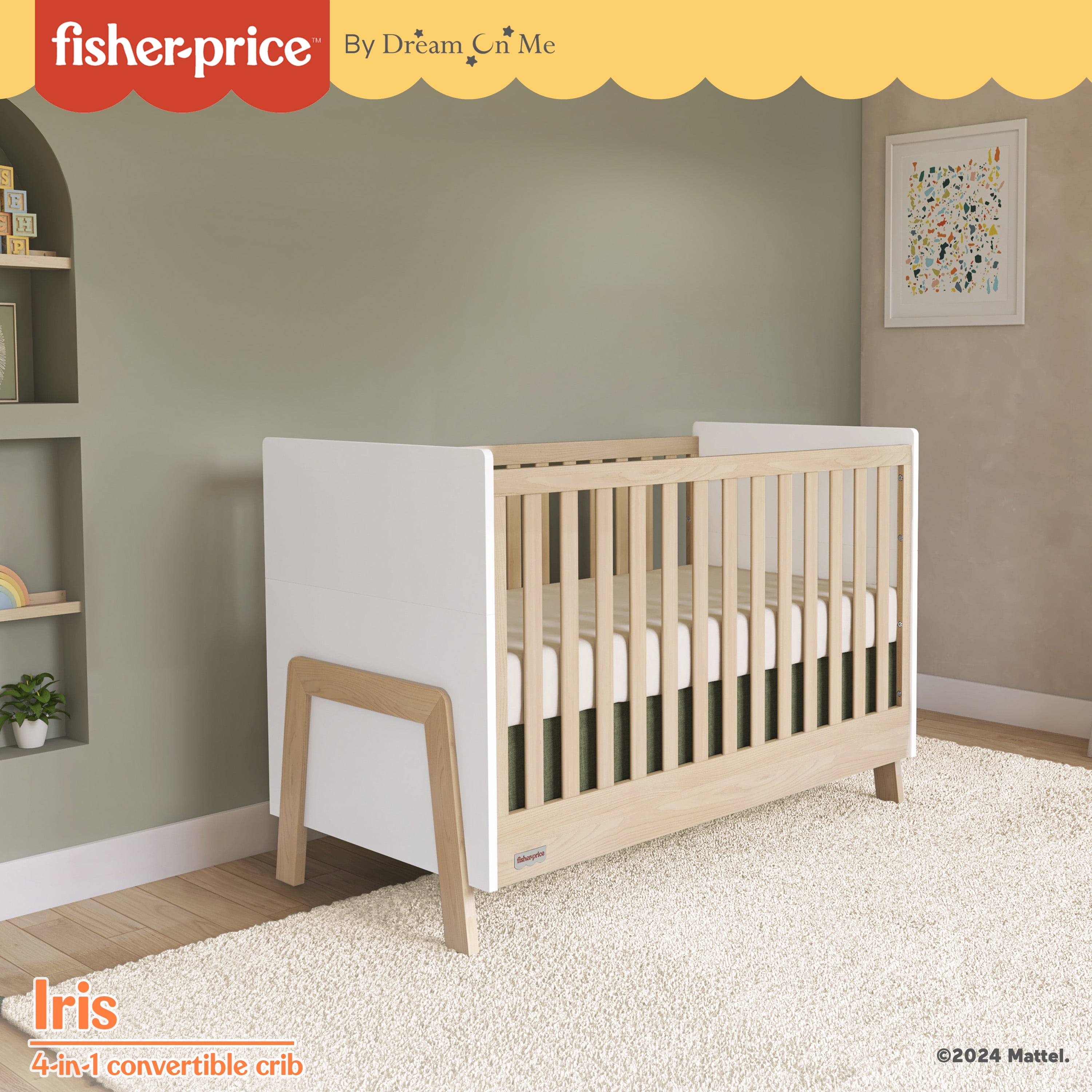 Fisher Price Iris 5-in-1 Convertible Crib by Dream On Me in White + Natural