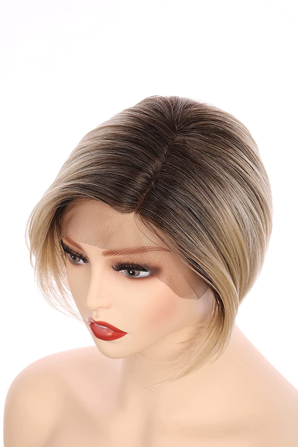 OneDor 8 Inch Angled Layers Lace Front Wig Relaxed Straight Bob Wig (Blonde Blended with Dark Roots-M6182R) …
