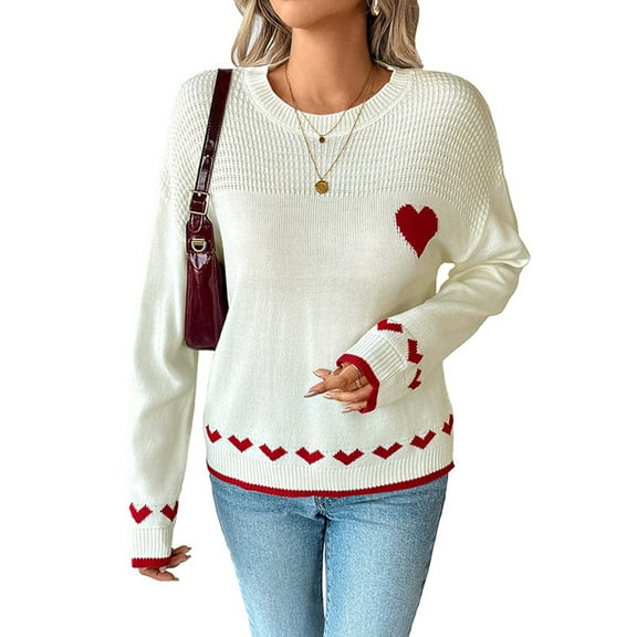 Female Heart Sweater Crew Neck Casual Long Sleeve Loose Fit Love Print Ribbed Knit Sweaters Pullover Top White S