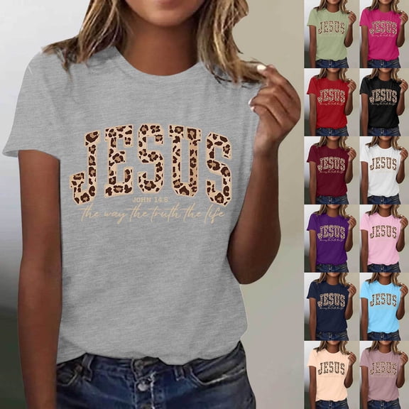 LINGLANG Women's Religious Jesus Print T-Shirt Summer Fashion Casual Crewneck Top Christian Faith Graphic Tee for Ladies Soft Breathable Daily Wear