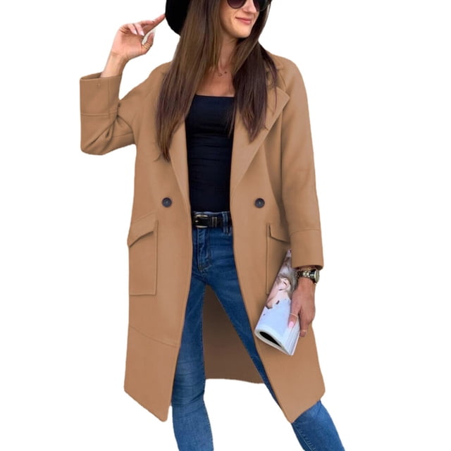 Chaqueta de abrigo de longitud media con bolsillos grandes Manga larga Cuello vuelto Abrigo con botones de color puro para mujer de invierno Caqui M