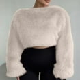 thumbnail image 2 of Cropped Faux Fur Jacket for Women Boat Neck Long Sleeve Jackets Fluffy Winter Outwear for Evening Dresses White M, 2 of 6
