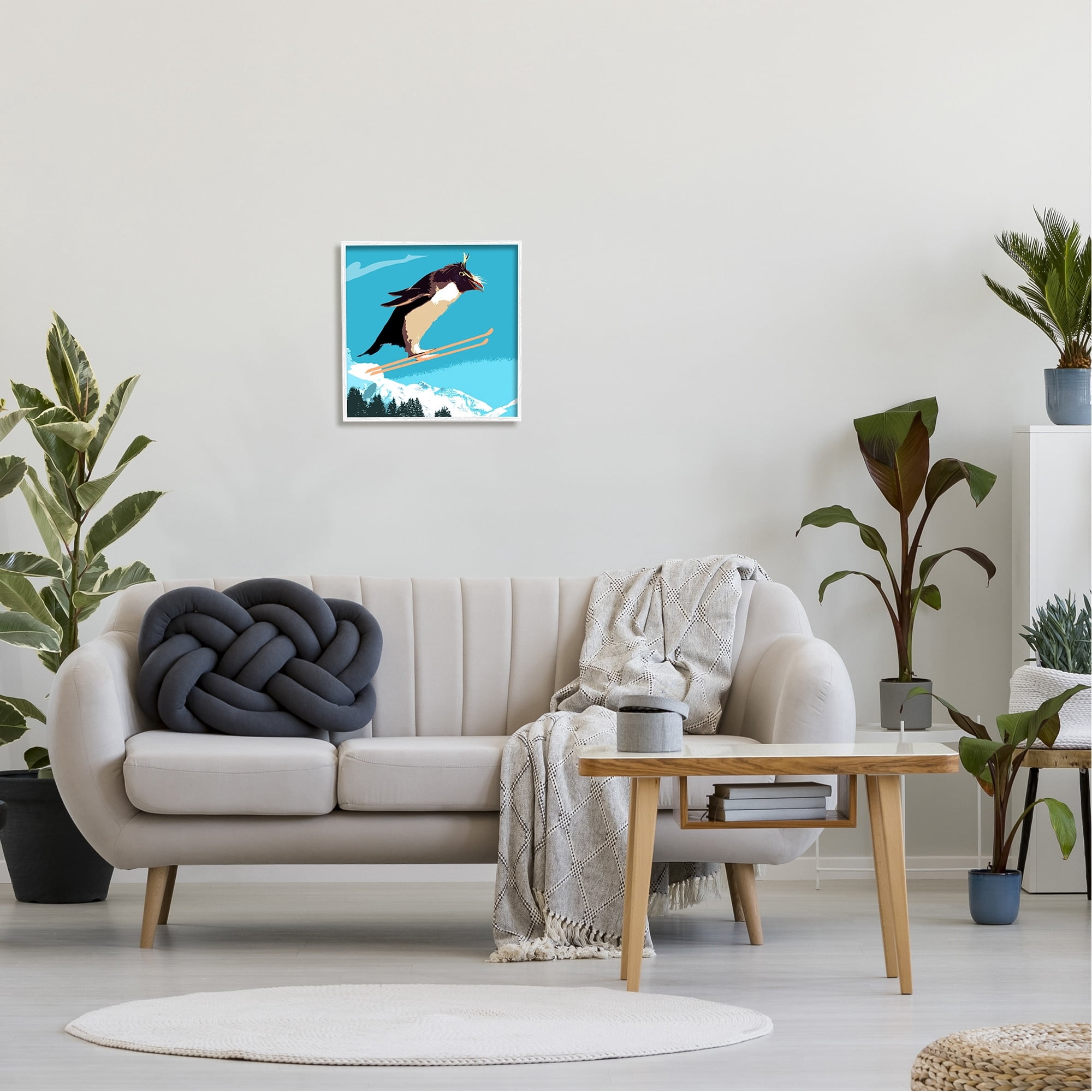 Stupell Industries Penguin Skiing Above Trees Winter Sports Illustration Graphic Art White Framed Art Print Wall Art, Design by Noah Bay