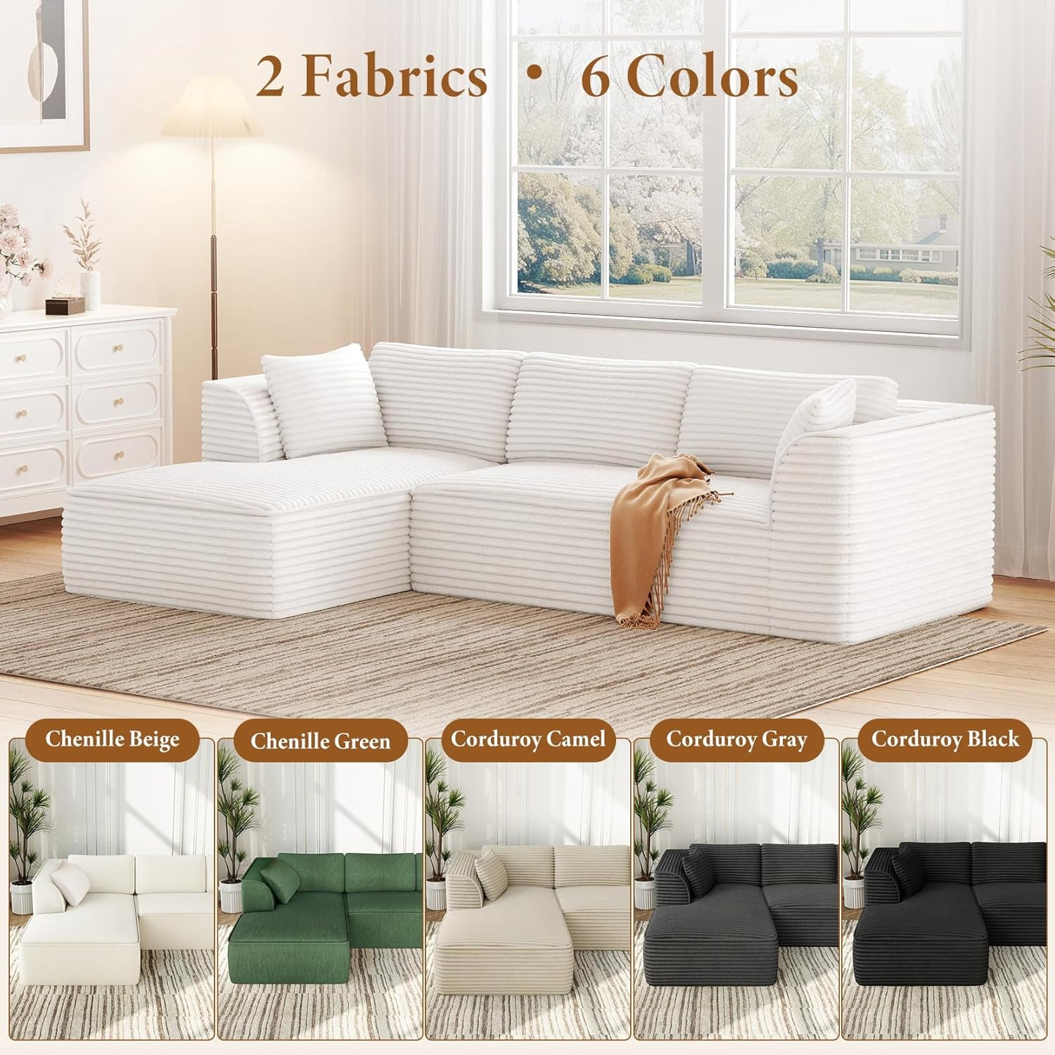 Neche 106" Boneless Couch with Chaise, Deep Seat Comfy Cloud Modular Sofa Corduroy Memory Foam Sectional Couches for Living Room Bedroom, No Assembly Required (Beige, Left-Facing Chaise)