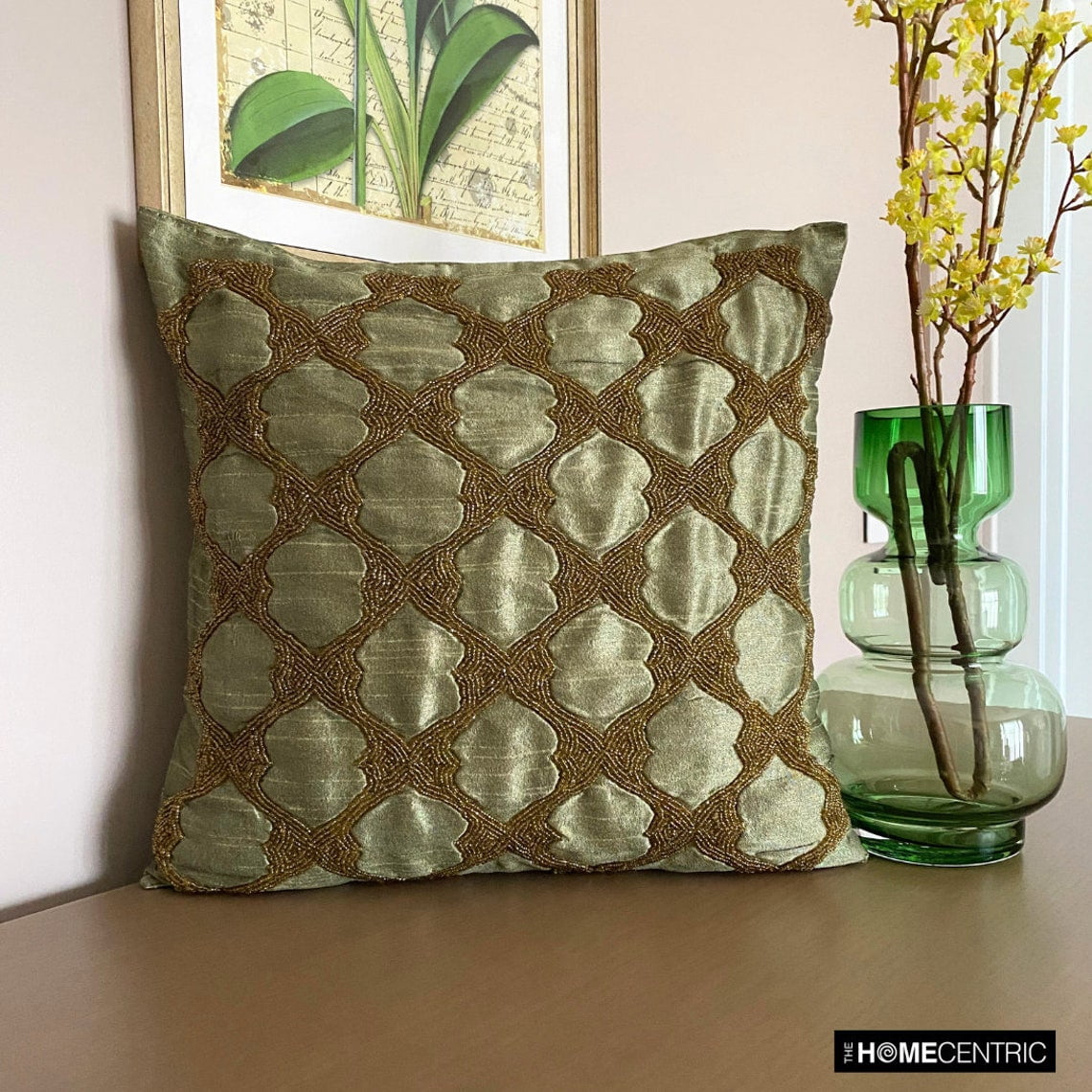 Pillow Cover Zipper, Earth Green Pillow Cover, Gold Beaded Lattice Trellis Pillow Cover, 14x14 inch (35x35 cm) Pillow Cover, Square Silk Pillow Cover Couch, Geometric - Tarnished Gold