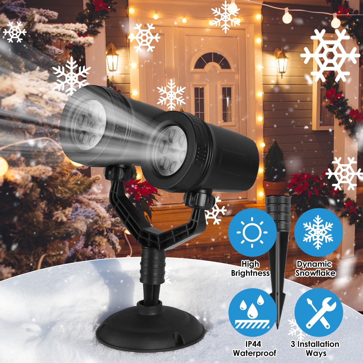 Imountek Christmas Snowflake Projector Light Dual-Head Adjustable LED Stake Light IP44 Waterproof Outdoor Indoor Holiday Decoration for Garden Patio Wall