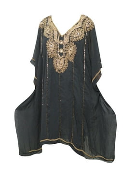 Mogul Black Georgette Kaftan Dress V-Neckline Sequin Work Cover Up Resort Style Loose Tunic Caftan One Size