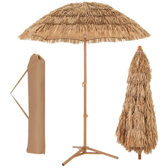 Patiojoy 6.5 FT Hula Thatched Tiki Beach Umbrella 30�� Tilting Hawaiian Style Holiday Umbrella with 8 Metal Ribs Carry Bag & Foldable Base Tropical Palapa Umbrella for Patio Garden & Pool Natural