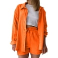 thumbnail image 3 of jiaxiM 2 Piece Sets For Women Summer Solid Spring Wrinkle Long Sleeve Shirt And Drawstring Shorts Casual Beachwear With Pockets, 3 of 6