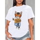 thumbnail image 1 of Camiseta informal de manga corta con cuello redondo para mujer, con gafas de sol modernas y estampado de gato de dibujos animados, ideal para deportes de ocio., 1 of 7