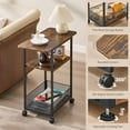 thumbnail image 5 of Narrow Side Table with Wheels, 3-Layer Storage Shelves, Slim Nightstand, Rustic Brown, for Small Spaces, 5 of 7