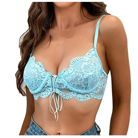Clearance Backless Bras for Women Solid Color Hollow Out Lace Plain Deep V V Neck Cover Up Tank Tops V-Neck Pullover Bra Feature Hook and Eye Closure T-Shirt Bra Style Y-67   Blue S