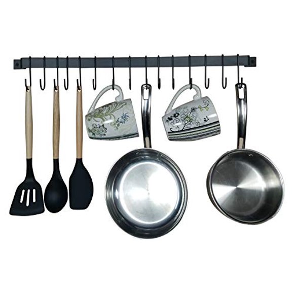 Wall Mounted Kitchen Hooks - Rustic Iron Multi-Purpose Coffee Mug Utensil and Pot Hanger Organizing Holder Rack with 10 S Hooks (17")