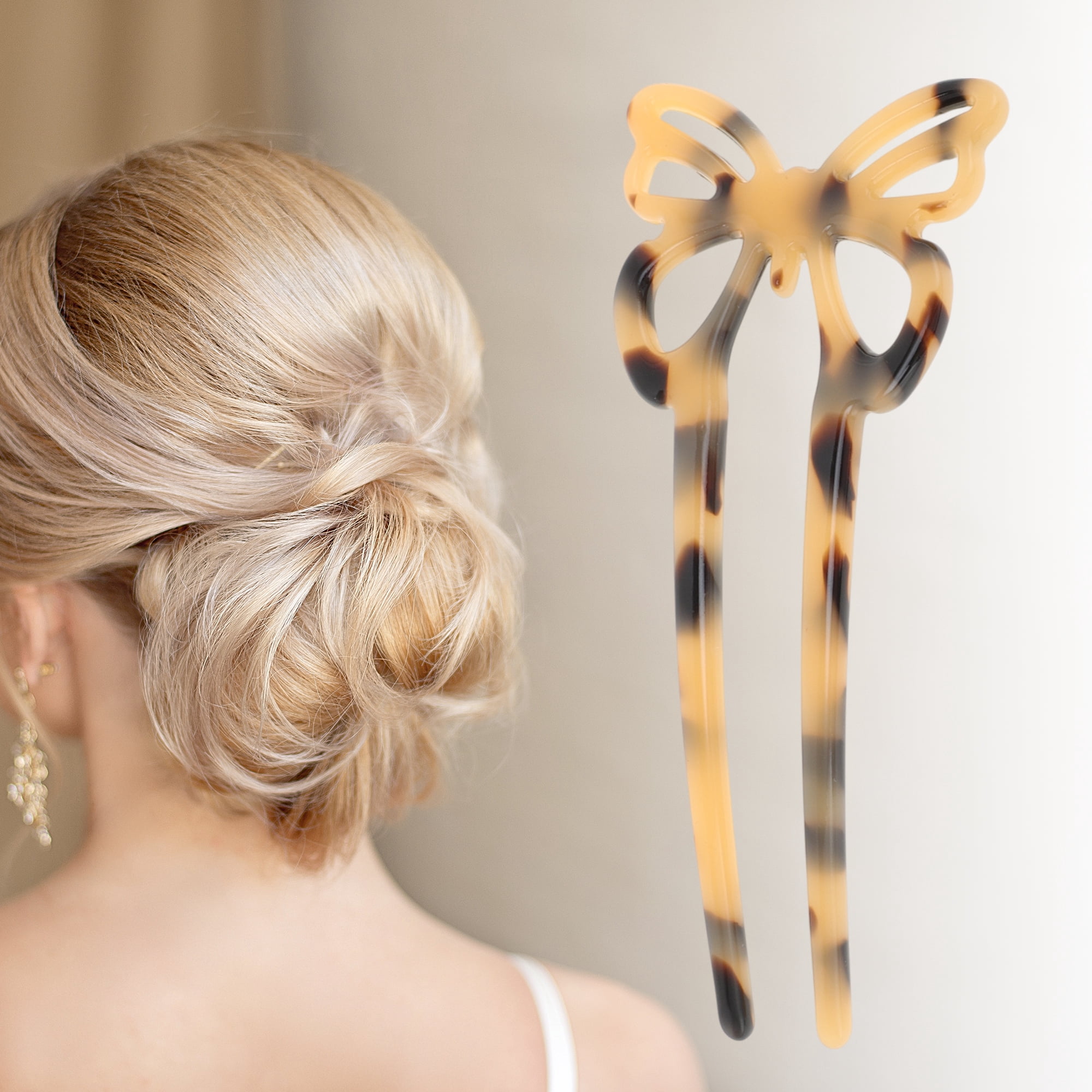 Unique Bargains Butterfly Hair Stick Fork Pins for Women 1 Pc White, Coffee Color