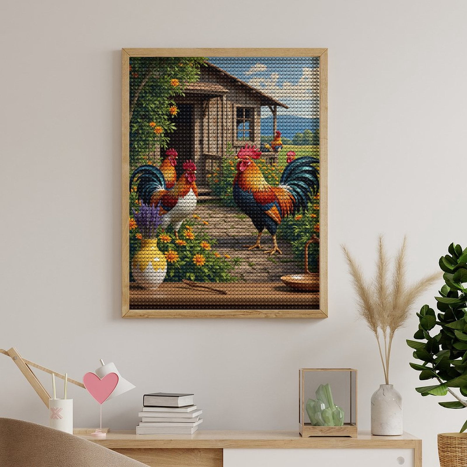 Diamond Art Kits for Adults, Rooster Garden Rustic Cottage Scene 5D Diamond Painting Kits for Adults Beginners, DIY Full Drill Diamond Painting, Gem Art and Crafts 12x16