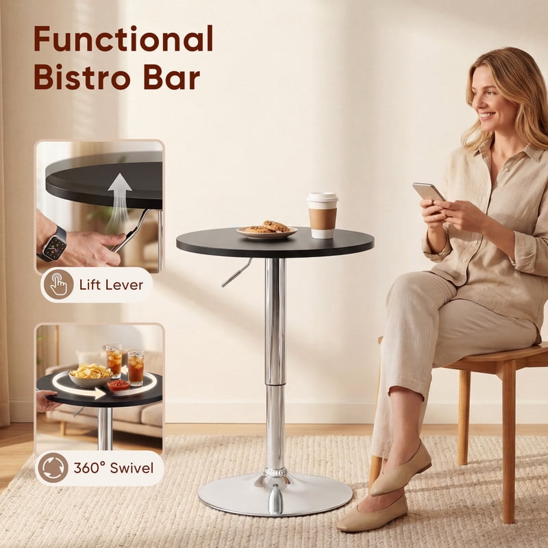 Lacoo 23.6" Adjustable Round Bistro Pub Table, Swivel Pub Table with Metal Base for Home Bar, Kitchen, Dining Room, Black/Sliver