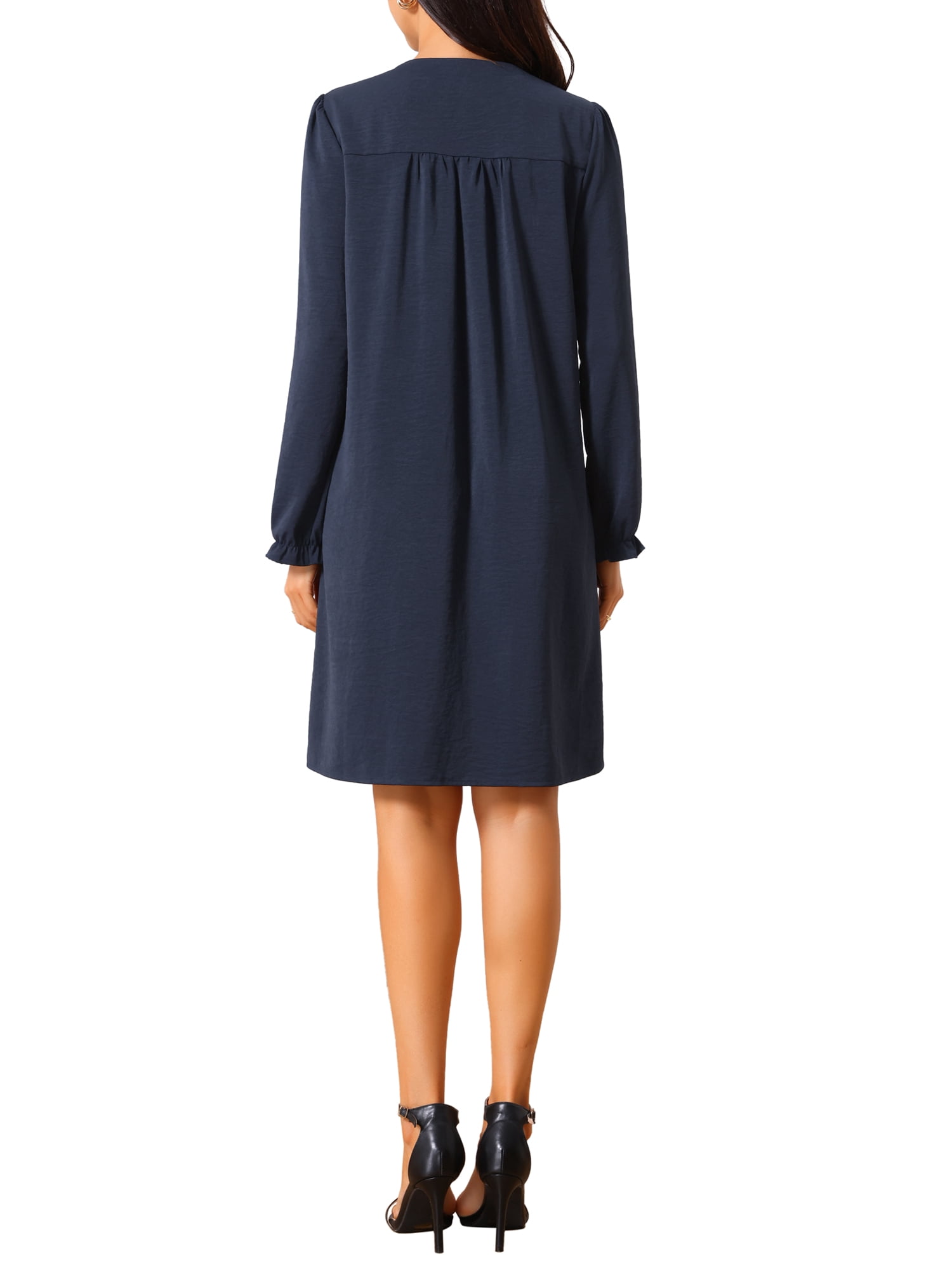 DARING DIVA Women's Casual Knee Length V Neck Pleated Flowy Shirt Dress S Dark Blue