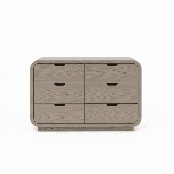 Modern 6-Drawer Wood Dresser with Fluted Front, Rounded Corners, Pre-Installed Slides, for Bedroom, Nursery, TV Stand, Natural Oak Finish