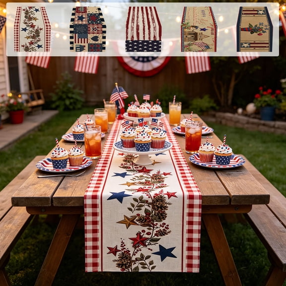 Memorial Day Saving!4th of July Decorations, Independence Day Table Flag Red White Blue Star Striped Floral Print Dining Table Decoration