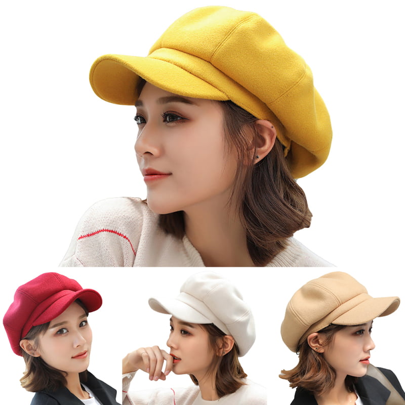 BrawljRORty Womens Beret British Style Felt Solid Color Wide Brim Women Beret Winter Warm Peaked Cap Hat