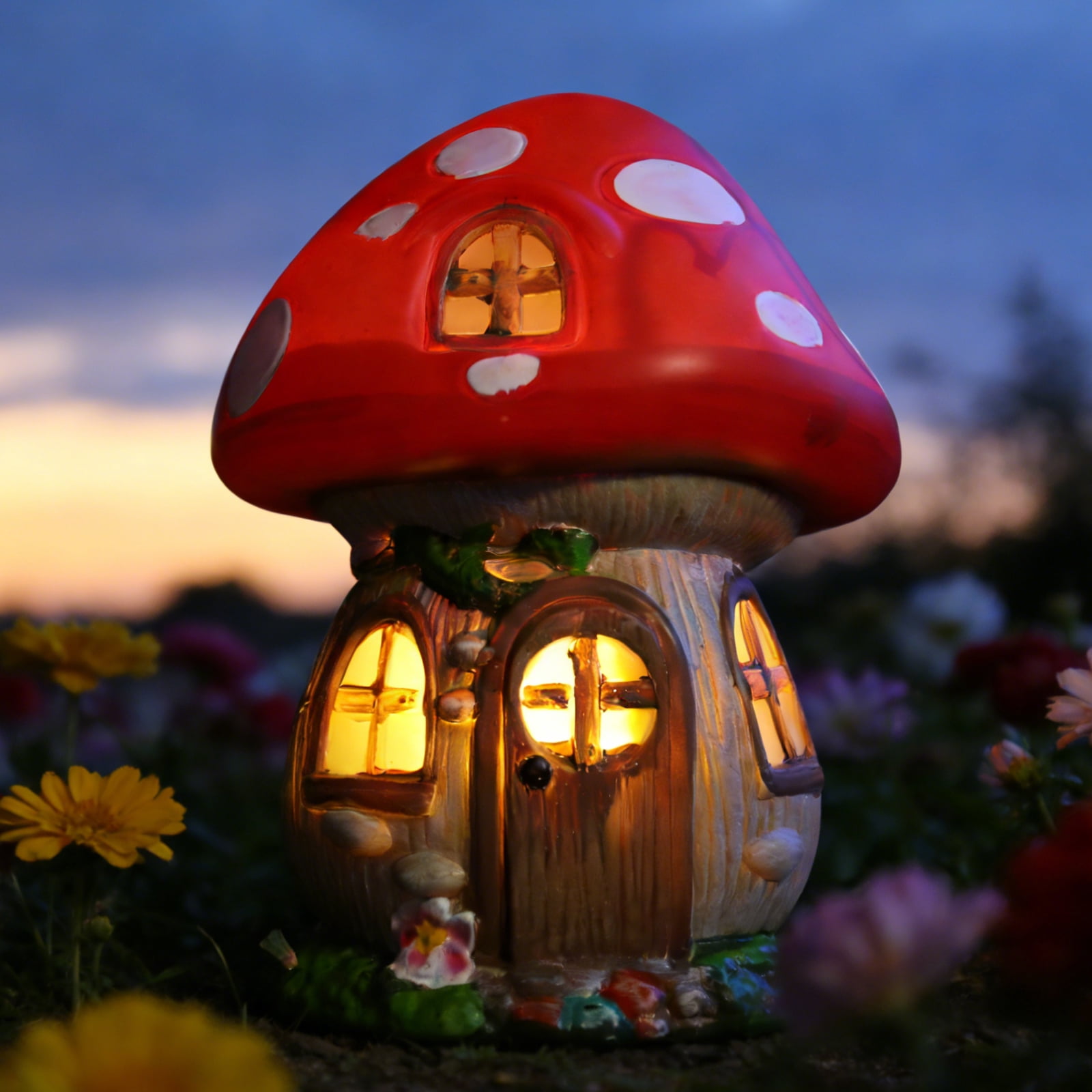 Outdoor Statue,Solar Mushroom Fairy House Garden Statue with LED Lights, Whimsical Outdoor Decorative Statue for Patio, Yard, Lawn,Garden Decoration