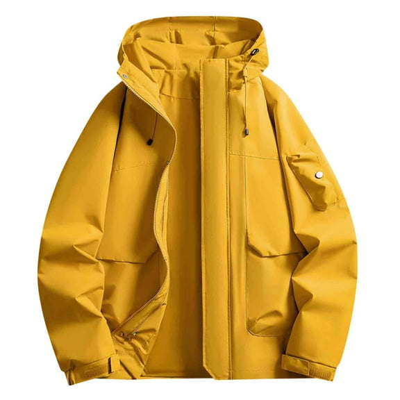 Levmjia Unisex Solid Color Waterproof Windbreaker Hooded Rain Jacket Zippered Pockets Drawstring Outdoor Coat Lightweight Long Sleeve Raincoat Casual Sportswear Jacket S-4XL