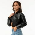 thumbnail image 5 of Women Motorcycle Coat Smooth Windproof Faux Leather Long Sleeves Single-breasted Short Type Pure Color Chest Pocket Slim Fit Jacket, 5 of 7