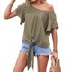 thumbnail image 1 of Mujeres Top redondo Masajeadores de cuello corto ruffle mangas tie hem Loose casual cómodo verano camiseta para fecha trabajo diario OD verde M, 1 of 5