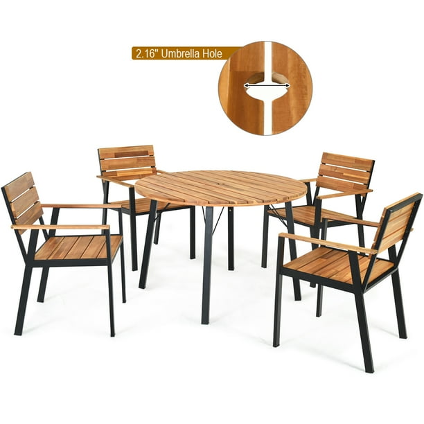 Costway 5PCS Acacia Wood Round Table w/Umbrella Hole Garden Deck