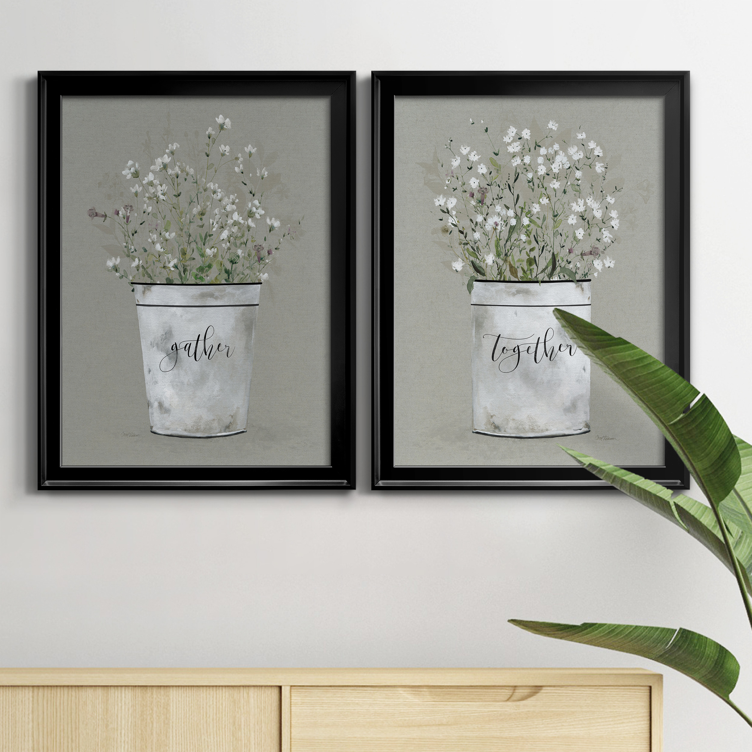 2 Piece Set Bouquet of Grace Bucket Gather Premium Framed Canvas - Ready to Hang - 22.5 x 30.5 Each - Black Frame